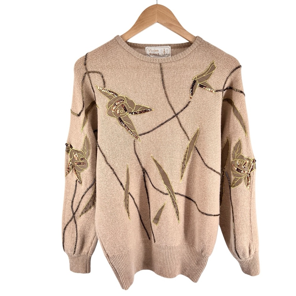 Vtg Vivien Forest Angora Lambswool Embellished Sweater Sz M Tan Gold Beaded Art